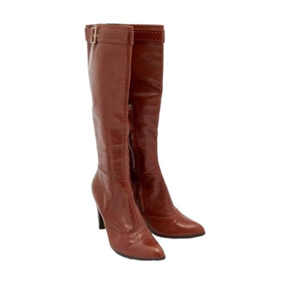 LOUIS VUITTON Brown Cognac High Tall Leather Boot Buckle Topstitching Stiletto - Picture 1 of 16
